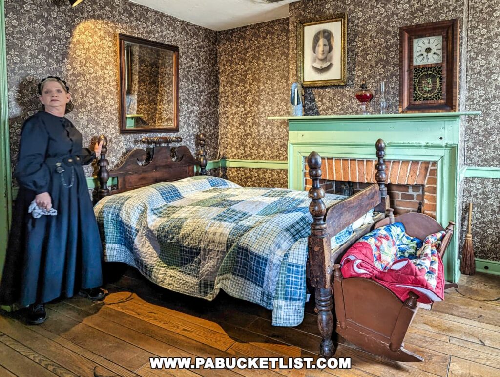A woman in 19th-century dress stands in a historical bedroom at the Jennie Wade House in Gettysburg, Pennsylvania. The room features a large bed with a plaid quilt, a brick fireplace with a wooden mantle decorated with period items, and vintage portraits and a clock on patterned wallpapered walls.