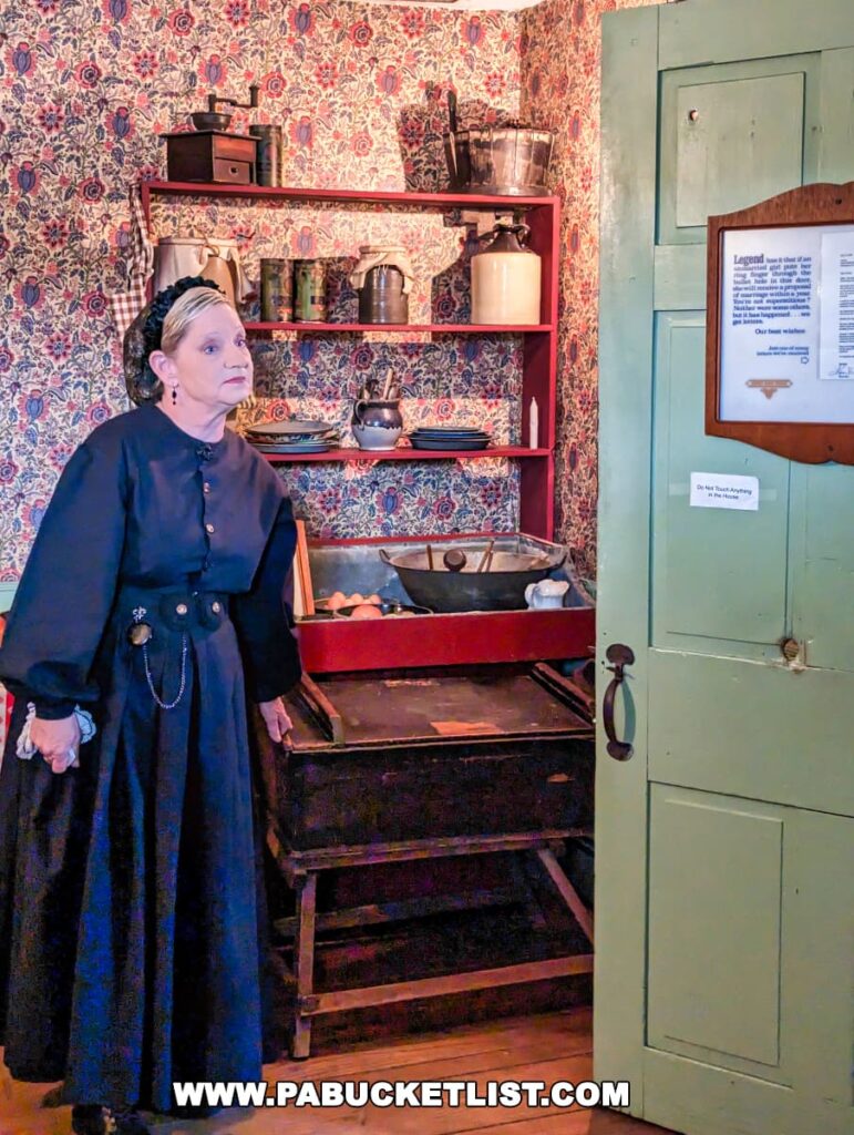A woman in a historical costume stands contemplatively in a room at the Jennie Wade House in Gettysburg, Pennsylvania. The room is decorated with floral wallpaper and furnished with a red shelf displaying antique kitchen items. A green door and a framed story about the house's legend complete the scene.