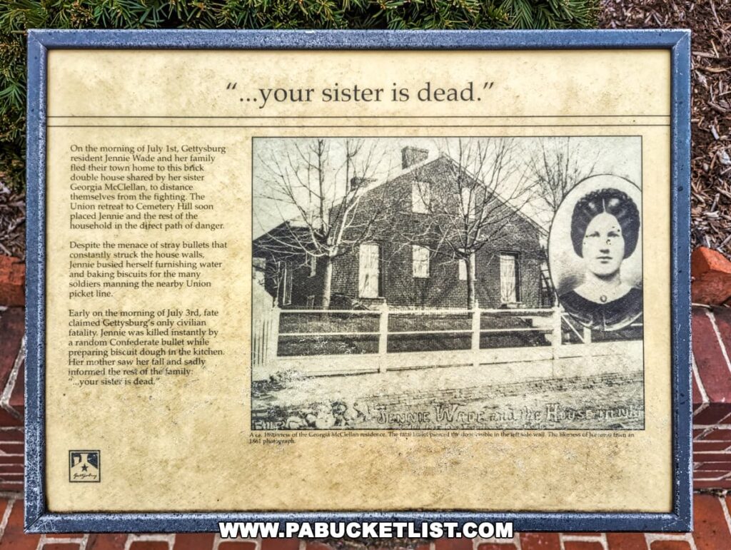 An informational display at the Jennie Wade House in Gettysburg, Pennsylvania, with the headline '...your sister is dead.' It includes text about Jennie Wade's death as the only civilian fatality during the Battle of Gettysburg, a photo of Jennie, and an image of the house, set against a backdrop of bricks and pine branches.