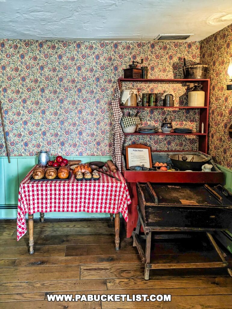 An interior view of a kitchen at the Jennie Wade House in Gettysburg, Pennsylvania, featuring a red shelf filled with antique kitchenware and a table covered with a red and white checkered cloth adorned with bread and fruit. The room has floral wallpaper and a wooden cooking range, capturing the essence of a 19th-century home.