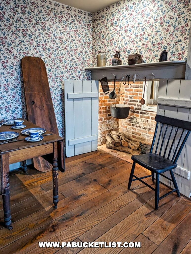 A corner of a kitchen in the Jennie Wade House in Gettysburg, Pennsylvania, with a brick fireplace and a wooden mantle holding vintage kitchen tools. A traditional wooden table with blue patterned dishes, a wooden ironing board, and a black Windsor chair complete the historical setting, all against a backdrop of floral wallpaper.