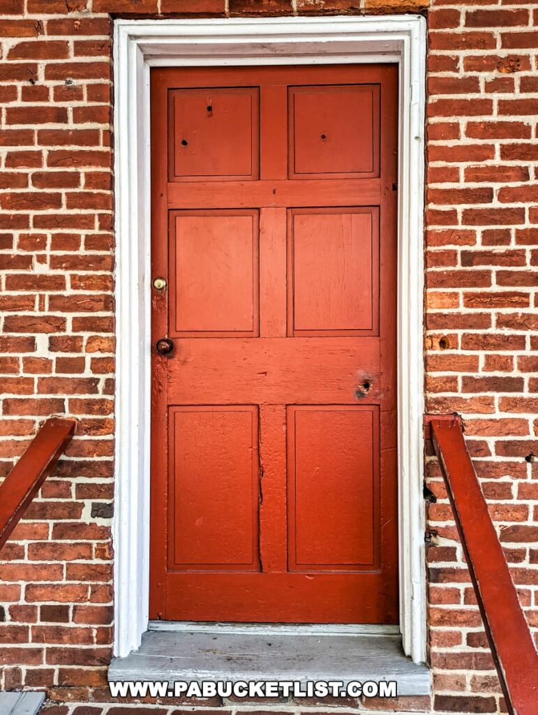 The exterior of a red door with a bullet hole in the upper panel at the Jennie Wade House in Gettysburg, Pennsylvania. The door is set within a white frame against a brick wall, with red steps leading up to it, symbolizing the house's Civil War history.
