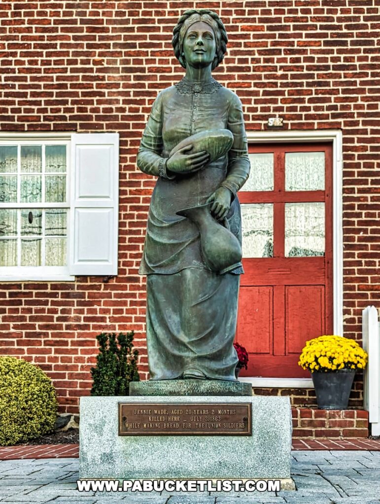 A bronze statue of Jennie Wade holding a bread loaf stands in front of her house in Gettysburg, Pennsylvania, with a plaque that reads 'Jennie Wade, aged 20 years 2 months, killed here - July 1863 while making bread for the Union soldiers.' The red door of the brick house and a pot of yellow flowers create a poignant historical memorial scene.