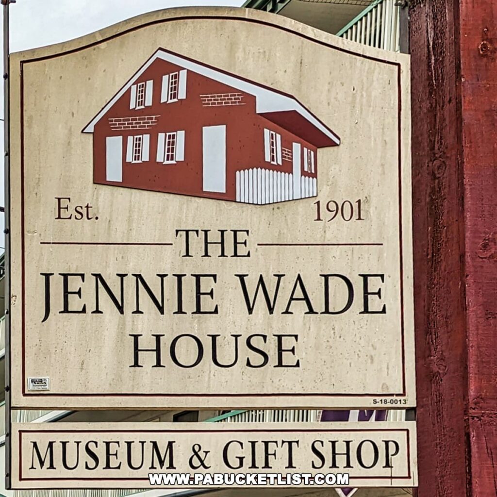 The sign for The Jennie Wade House, established in 1901, in Gettysburg, Pennsylvania, featuring an illustration of the historic red-brick house. Below the main sign is an additional one indicating 'Museum & Gift Shop'.