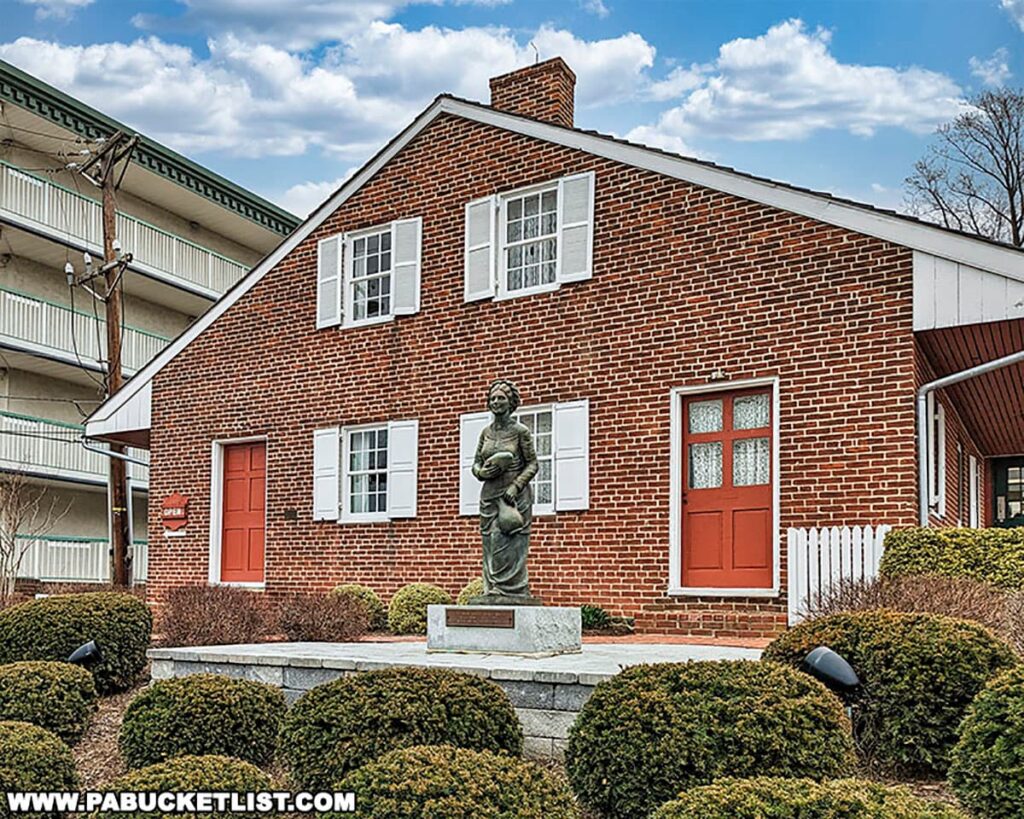 The Jennie Wade House in Gettysburg, Pennsylvania, viewed from the street. The historic brick house, featuring a red front door and shutters, is accompanied by a bronze statue of Jennie Wade in the foreground. The house is a significant landmark of the Civil War, situated under a cloudy sky.