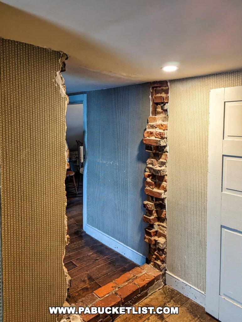 Interior view of the Jennie Wade House in Gettysburg, Pennsylvania, showing a damaged wall with exposed bricks where a Confederate shell impacted. The surrounding walls are covered with patterned wallpaper, and a hardwood floor leads to a door, illustrating the house's history and the intensity of the Battle of Gettysburg.