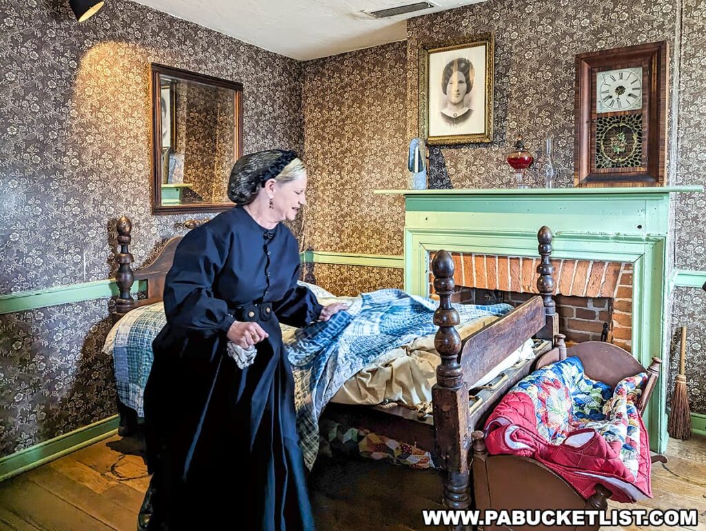 A reenactor in 19th-century attire is making a bed in a vintage bedroom with patterned wallpaper, antique wooden furniture, and period-appropriate decor including a framed portrait, a classic wall clock, and decorative items on a mantelpiece, all part of a historical exhibit at the Jennie Wade House in Gettysburg, Pennsylvania.