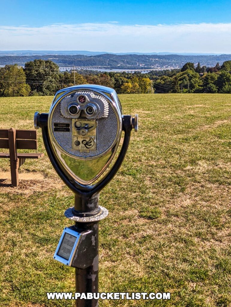 Close-up view of a coin-operated binocular stand at Mount Pisgah Overlook in York County, Pennsylvania, with a clear view of the landscape in the background. The binoculars are centered in the frame, overlooking a green field that leads to a panoramic view of distant hills and a river crossing.