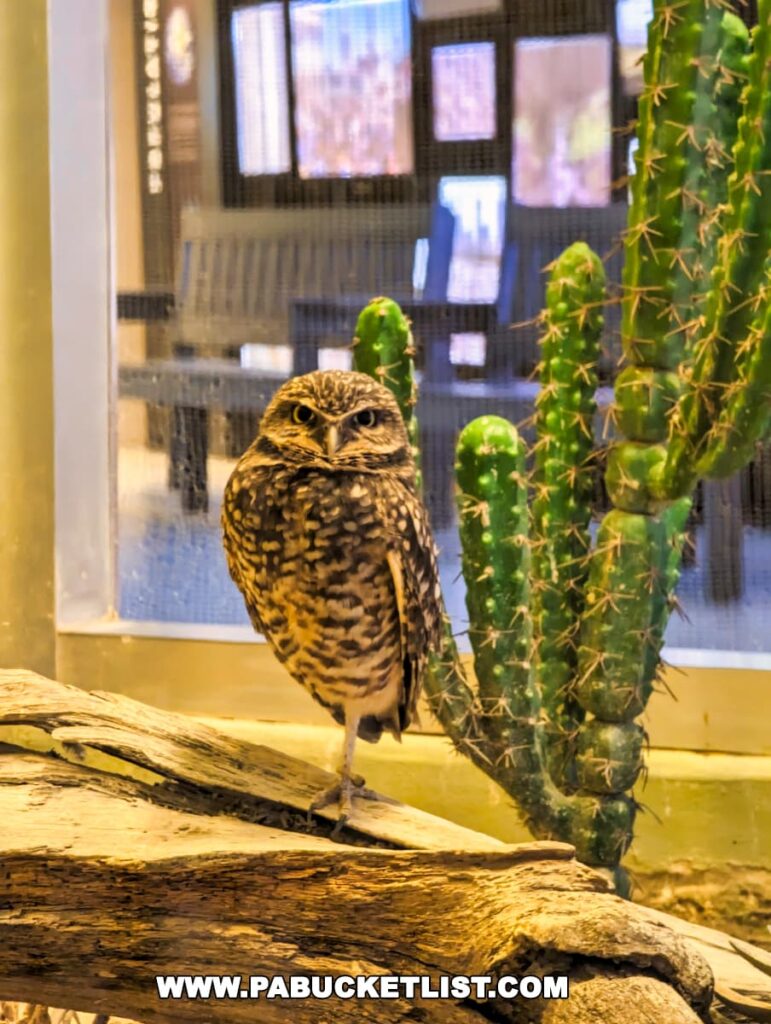 A burrowing owl standing on one leg on a log inside an enclosure at the National Aviary in Pittsburgh, PA. The owl has brown and white mottled plumage, with intense yellow eyes looking directly at the viewer. Behind the owl is a green cactus, and the backdrop includes a window with a grid, allowing natural light into the exhibit.