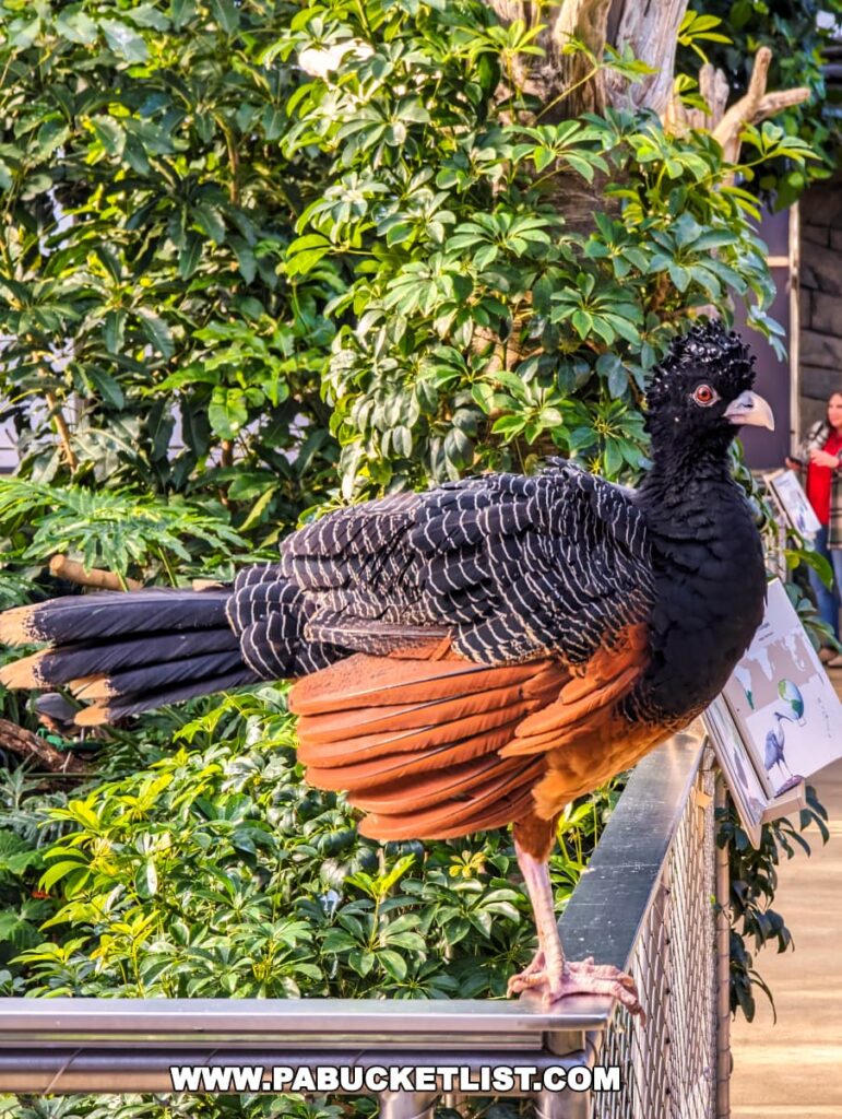 A vibrant photo of a large bird perched on a railing at the National Aviary in Pittsburgh, PA. The bird has striking plumage with a glossy black head adorned with curly feathers, a black and white patterned body, and rich chestnut brown wings. It stands against a backdrop of lush green foliage.