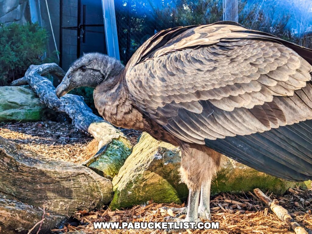 A close-up image of a large condor at the National Aviary in Pittsburgh, PA, showcasing its impressive grey and brown plumage and the distinctive skin texture on its head and neck. The condor is standing among rocks and wood chips, indicative of its enclosure designed to mimic a natural habitat.