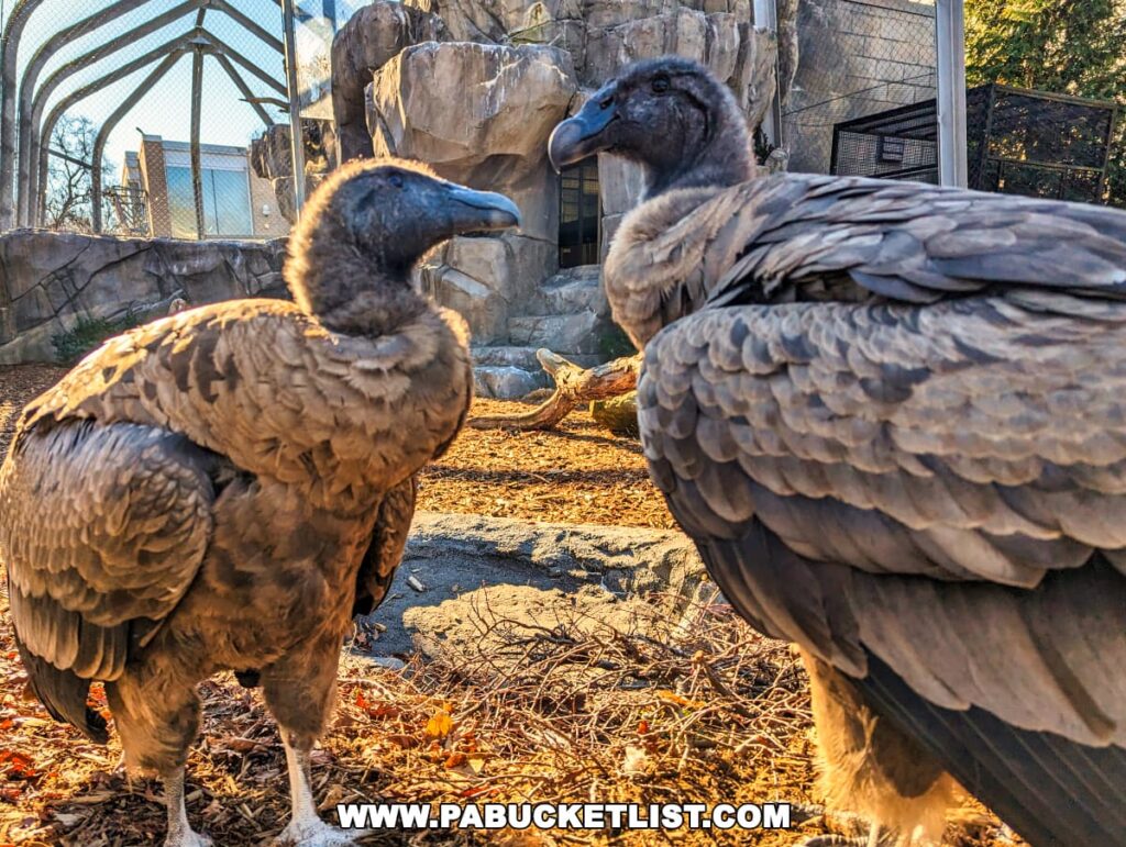 Two condors with grey and brown feathers at the National Aviary in Pittsburgh, PA. They are standing in their habitat with rocky structures and a wire mesh enclosure visible in the background. Sunlight casts a warm glow on the scene, highlighting the texture of their plumage.