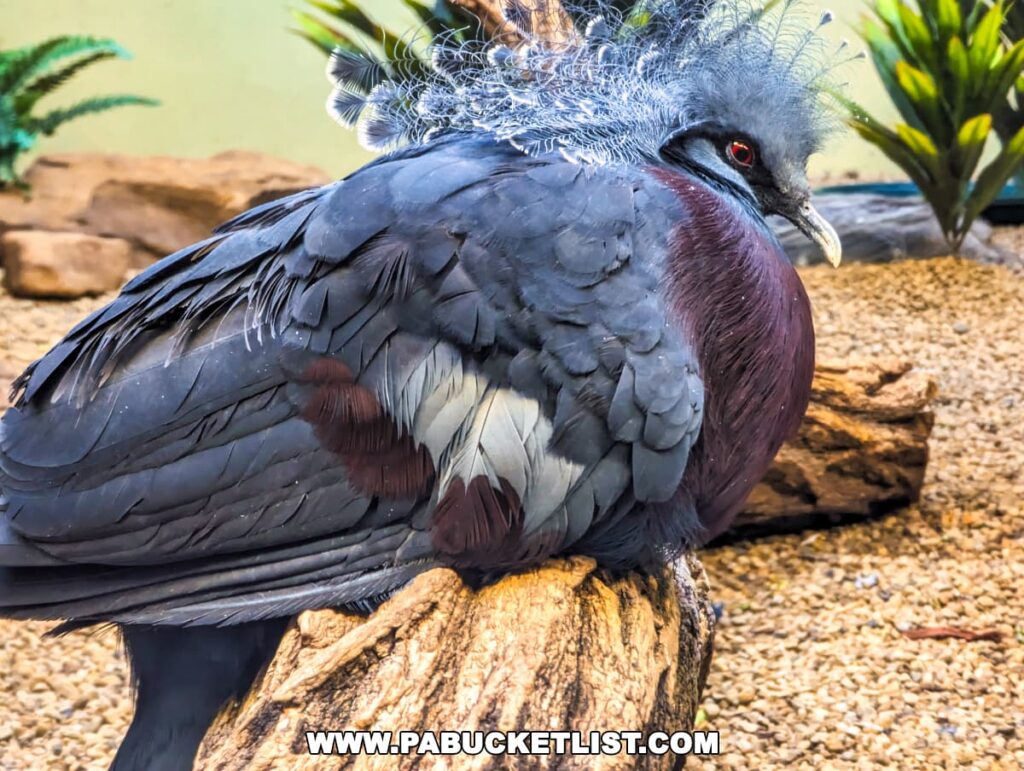 A close-up of a Victoria crowned pigeon at the National Aviary in Pittsburgh, PA. The bird is perched on a log and features a striking combination of grey and maroon plumage, with a prominent crest of delicate, lace-like feathers on its head. Its red eye stands out against the soft blue feathers around the face, and it has a calm, dignified demeanor. The habitat includes gravel, rocks, and plants, suggesting a simulated natural environment.