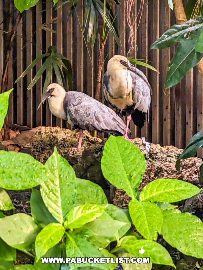 Two herons perched on rocky ground amidst green foliage at the National Aviary in Pittsburgh, PA. The birds are characterized by their large, broad bills and are standing against a backdrop of bamboo and other tropical plants, suggesting a rainforest environment.
