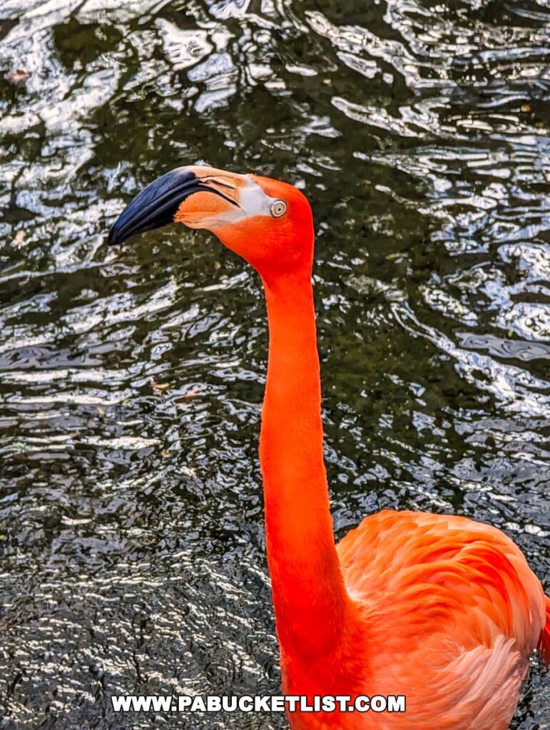 A vibrant and close-up image of a flamingo at the National Aviary in Pittsburgh, PA. The flamingo's striking orange and pink plumage stands out against the rippling dark water in the background. Its curved black beak, orange eye, and elegantly arched neck are prominently displayed.