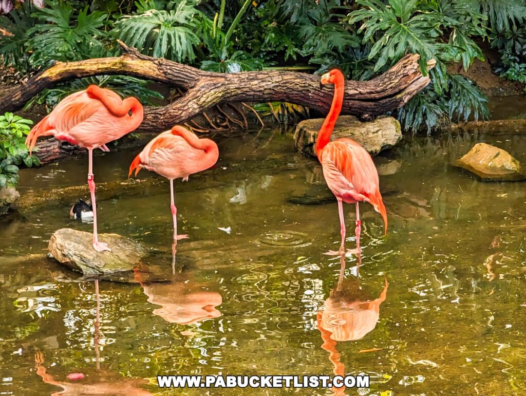 Three flamingos standing in water, with the reflections visible on the surface, at the National Aviary in Pittsburgh, PA. Two flamingos are resting with their heads tucked into their feathers, standing on one leg, while the third flamingo stands alert, its head raised. They are surrounded by a naturalistic habitat with rocks, logs, and lush green foliage.