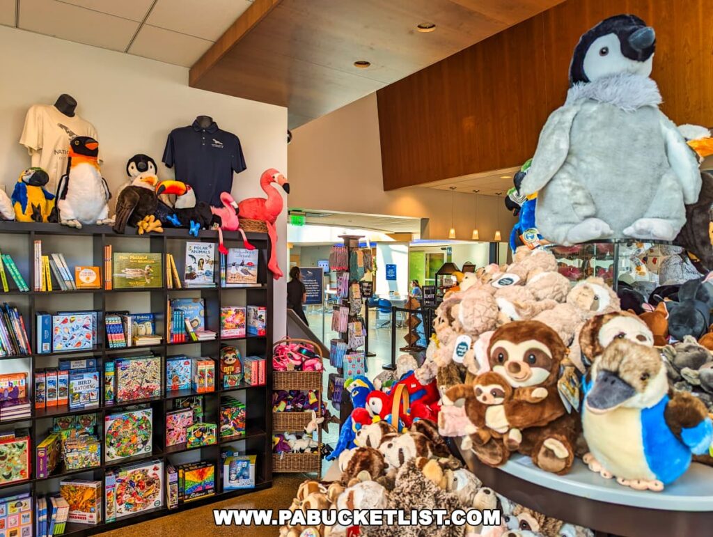 The gift shop at the National Aviary in Pittsburgh, PA, featuring shelves stocked with bird-themed books, colorful puzzles, and educational games. The top shelf displays a variety of plush birds, including a penguin, toucan, and flamingo. In the foreground, a table is piled high with more stuffed animals, including sloths and a penguin with a blue scarf.