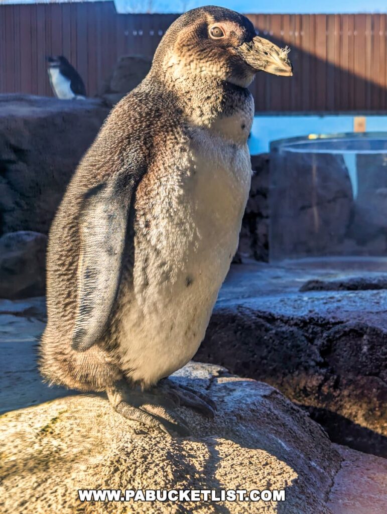 A close-up of a penguin standing on rocks at the National Aviary in Pittsburgh, PA. The penguin has a black and white plumage with a distinctive greyish facial pattern. In the background, another penguin can be seen perched on a rocky ledge. The enclosure appears to mimic a natural habitat with ample sunlight.