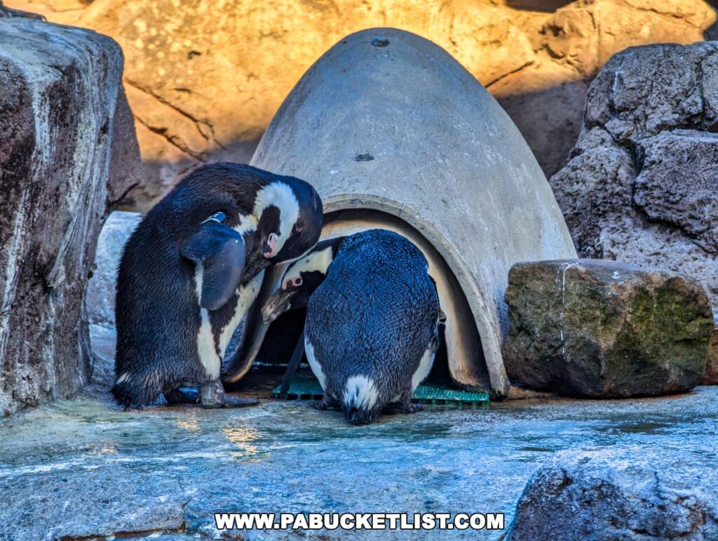 Two African Penguins at the National Aviary in Pittsburgh, PA, engaging near a nesting area with artificial shelters. The penguins have distinctive black and white markings with a band of black across their chests. They are in a rocky enclosure that simulates their natural environment, complete with a concrete nesting structure.