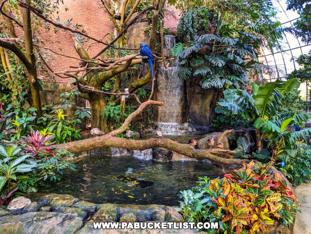 A tranquil rainforest scene at the National Aviary in Pittsburgh, PA, featuring a small waterfall cascading into a pond. Two Hyacinth Macaws are perched on a branch above the water, while other birds relax on surrounding branches. The exhibit is lush with a variety of tropical plants and colorful foliage, creating a serene environment.