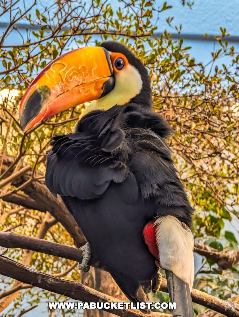 A Toco Toucan perched on a branch at the National Aviary in Pittsburgh, PA, showcasing its striking large orange and yellow beak with a black tip. The bird has black plumage with a white throat and a red undertail, contrasted against a backdrop of green foliage and a blue sky.
