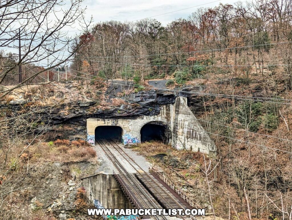 View of two old railroad tunnels at Nay Aug Park in Scranton, Pennsylvania, showing signs of disrepair and graffiti. The tunnels are set into a stone and concrete embankment, with a railroad track running through the center. Overhead power lines and barren trees with a hint of autumn colors in the leaves are visible, reflecting the season and the industrial history of the area.