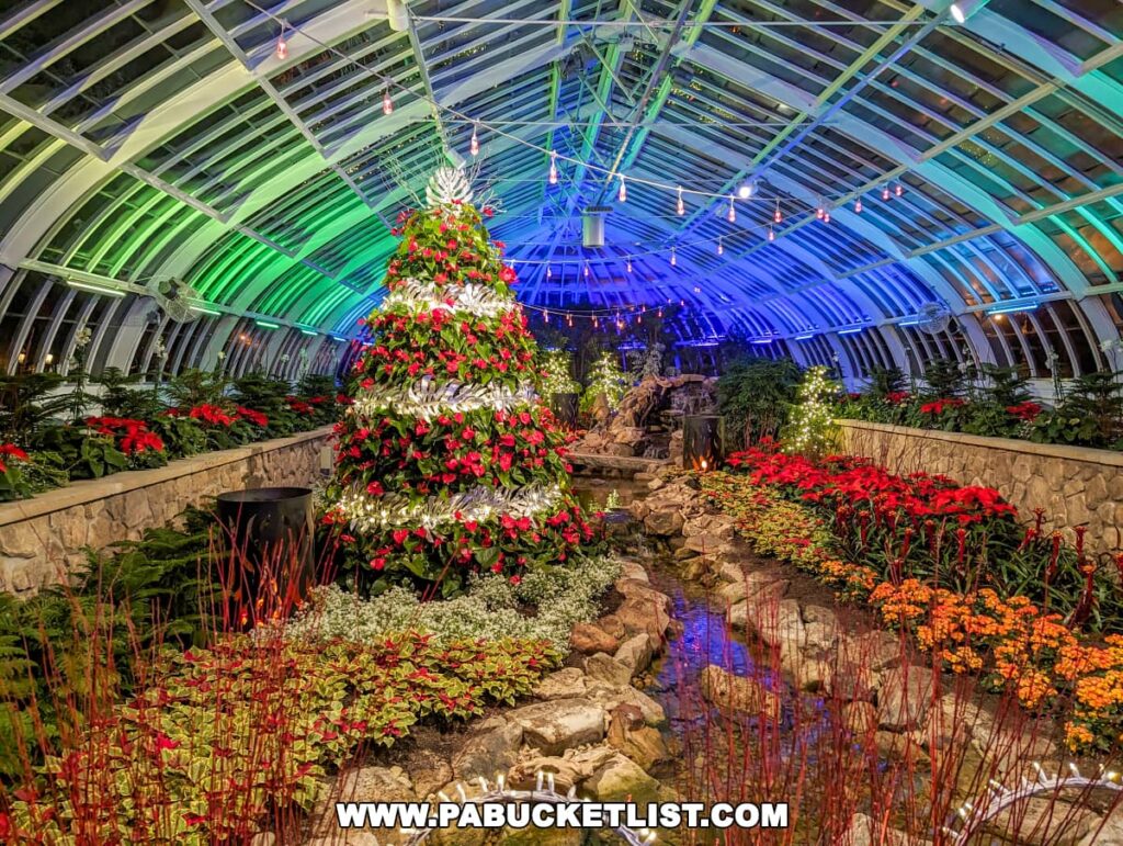 A festive Christmas tree surrounded by poinsettias takes center stage at the Phipps Conservatory Holiday Magic Winter Flower Show and Light Garden in Pittsburgh, set inside a glass greenhouse with vibrant blue and green lighting illuminating the structure and a serene water feature flowing amidst the floral display.