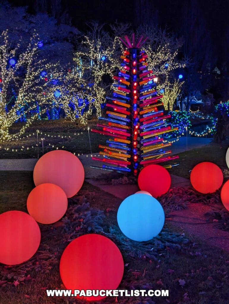 An enchanting scene at night from the Phipps Conservatory Holiday Magic Winter Flower Show and Light Garden in Pittsburgh, showcasing large glowing red and blue orbs on the ground, with a unique Christmas tree made of colorful illuminated glass panels in the background, all set against a backdrop of trees twinkling with white and blue lights.