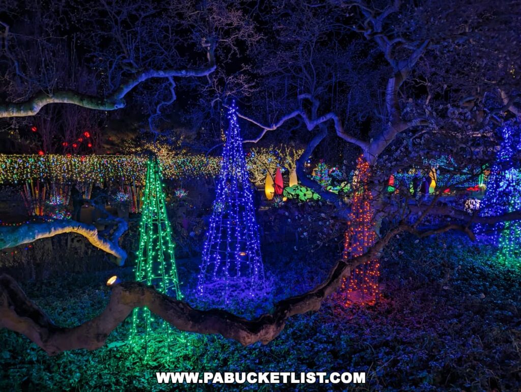 A captivating outdoor light display at the Phipps Conservatory Holiday Magic Winter Flower Show and Light Garden in Pittsburgh, featuring cone-shaped LED Christmas trees in various colors that illuminate the night, complemented by a blanket of twinkling lights spread across the garden floor and the silhouettes of bare trees against the dark sky.
