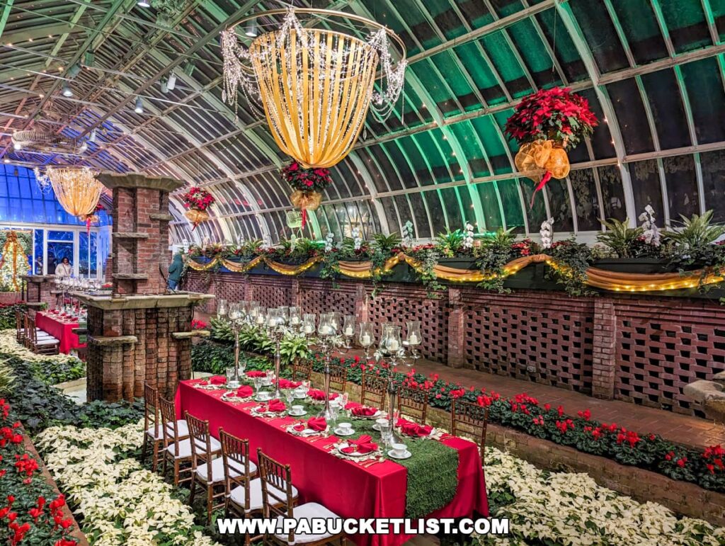 Inside the Phipps Conservatory, an elegantly set dining area with red tablecloths and fine glassware, surrounded by a lush display of white poinsettias. Above, large decorative chandeliers hang from the glasshouse structure, which is adorned with festive garlands and illuminated with a warm glow, creating a luxurious holiday dining atmosphere.