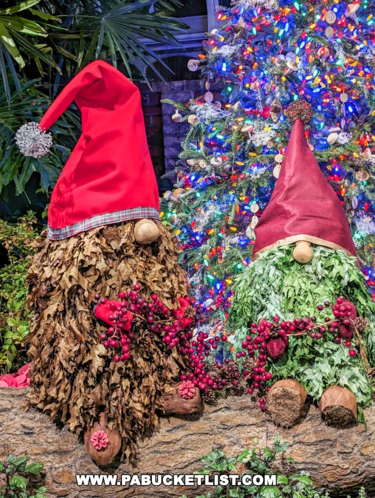 Two whimsical gnome figures, created from natural materials with red and green foliage for their outfits and topped with festive Santa hats, stand before a brightly lit Christmas tree at the Phipps Conservatory Holiday Magic Winter Flower Show and Light Garden in Pittsburgh, bringing a charming and creative touch to the holiday display.