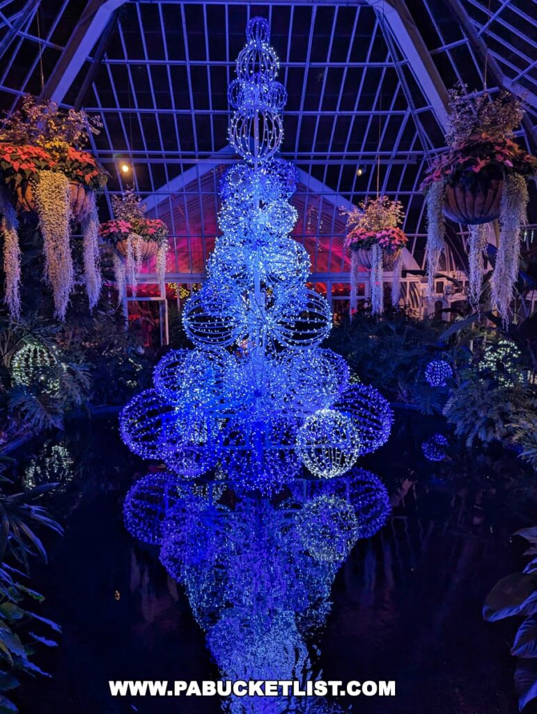 A stunning indoor Christmas tree composed of blue lights cascading down in tiered chandelier-like formations, set against the backdrop of the Phipps Conservatory's glass roof. The tree is surrounded by lush hanging plants and the reflective surface of water below, creating a serene and enchanting scene at the Holiday Magic Winter Flower Show and Light Garden.