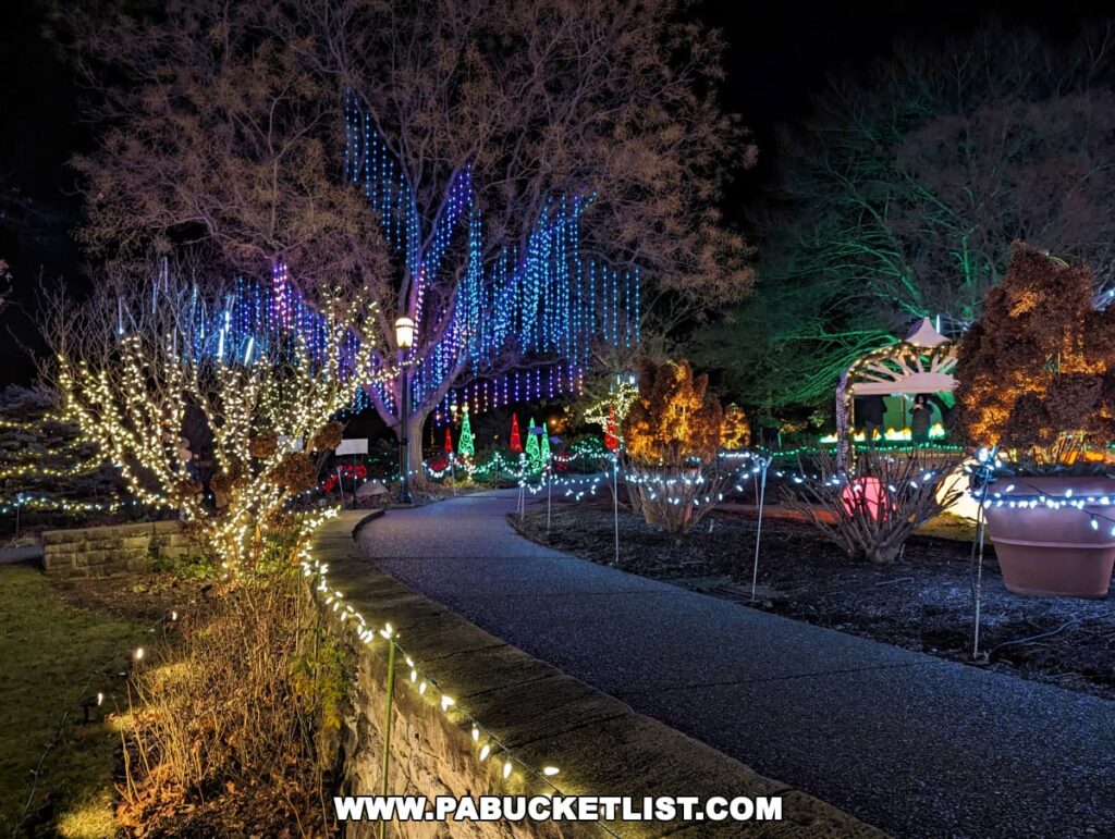 A serene pathway at the Phipps Conservatory, illuminated by strands of white lights along its edges and surrounded by a variety of trees and shrubs adorned with colorful holiday lights, leading towards a gazebo in the distance, all set against the night sky during the Holiday Magic Winter Flower Show and Light Garden in Pittsburgh.