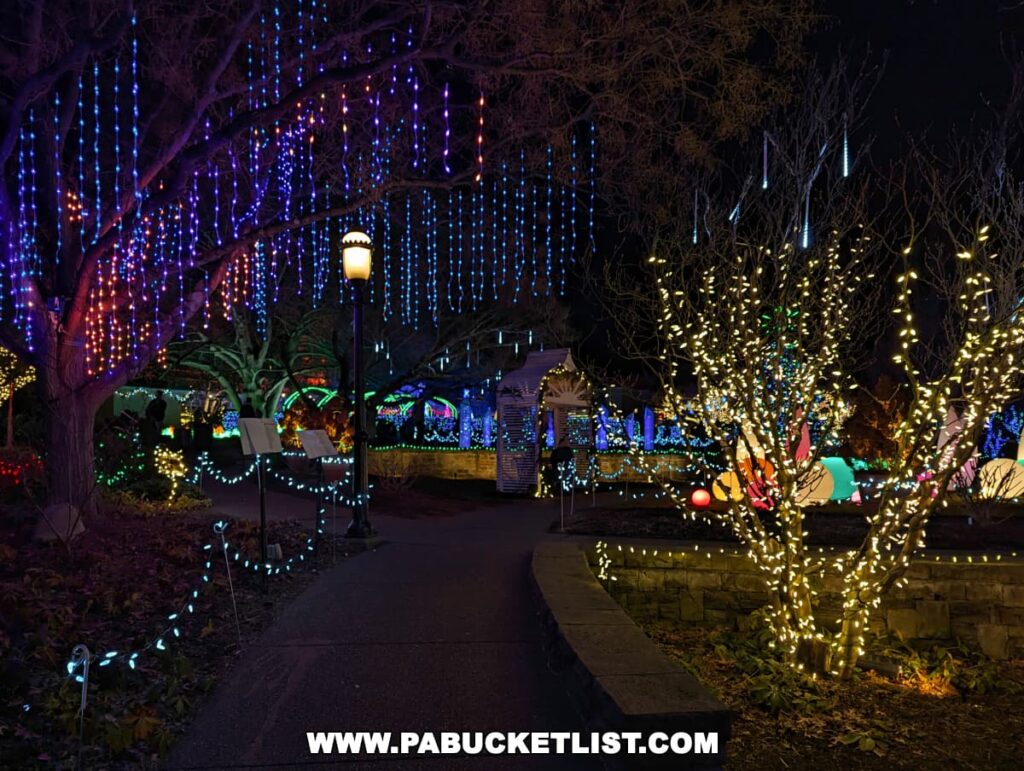 A captivating nighttime scene at the Phipps Conservatory Holiday Magic Winter Flower Show and Light Garden, with a path flanked by trees draped in cascading blue lights and shrubs twinkling with white lights, leading towards an archway, creating a dazzling display of festive lighting in Pittsburgh.