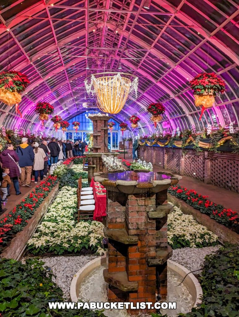 Visitors enjoy the vibrant and festive atmosphere inside the Phipps Conservatory, where an elegant dining table is set amidst a display of white and red poinsettias, with hanging chandeliers and flower baskets under the glasshouse's radiant purple-lit ceiling, creating a luxurious setting for the Holiday Magic Winter Flower Show and Light Garden in Pittsburgh.