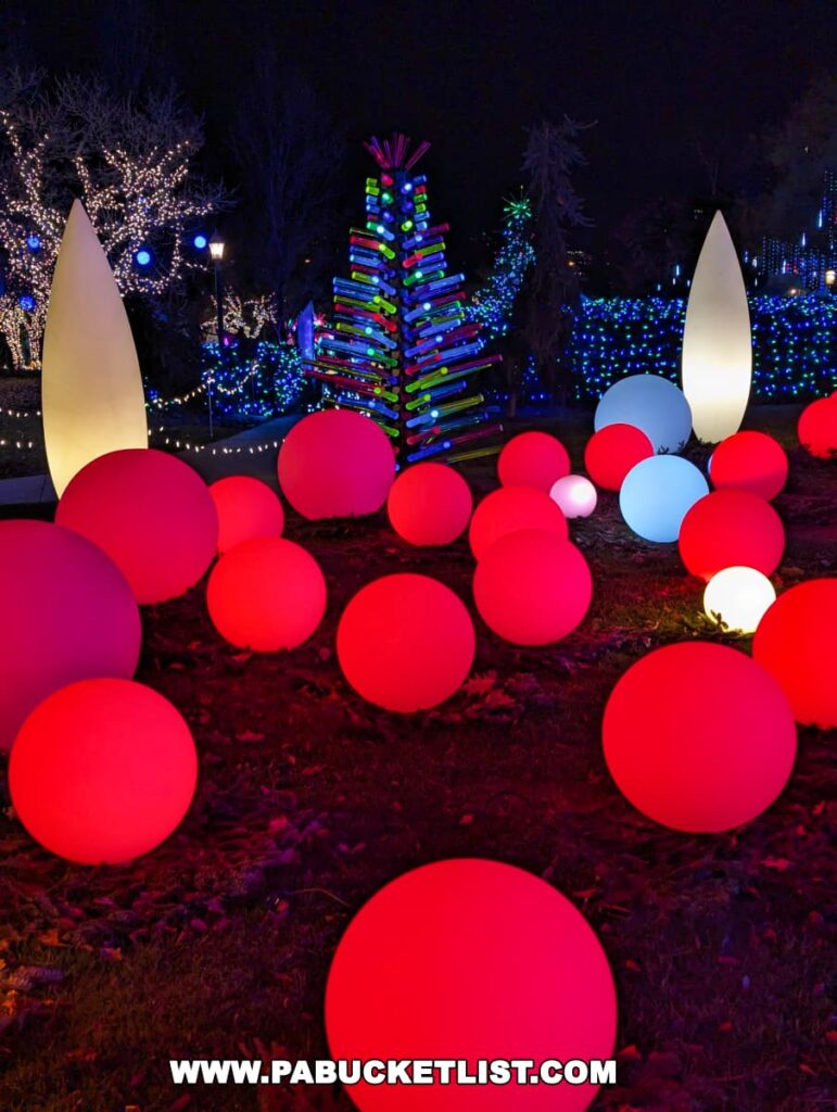 An outdoor night scene at the Phipps Conservatory Holiday Magic Winter Flower Show and Light Garden, featuring an array of large red glowing orbs scattered across the ground, with a uniquely decorated Christmas tree in the background, all set against a festive backdrop of twinkling blue lights on surrounding trees.