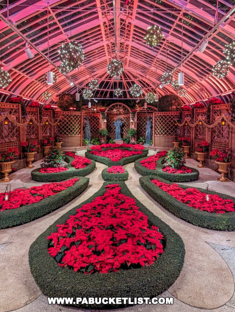 A stunning indoor garden at the Phipps Conservatory Holiday Magic Winter Flower Show and Light Garden, featuring symmetrical patterns of vibrant red poinsettias surrounded by neatly trimmed hedges, with hanging sparkling chandeliers and a decorative trellis pathway leading to a statue, all beneath the conservatory's elegant glass and metal roof structure.