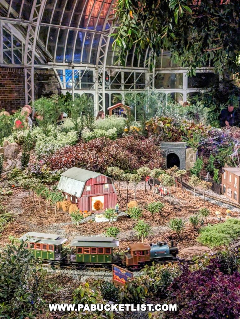 A charming miniature train display at the Phipps Conservatory Holiday Magic Winter Flower Show and Light Garden, featuring a model train passing through a detailed landscape with a red barn, surrounded by lush plants and nestled under a large glass dome structure, capturing the enchanting essence of the holiday season.