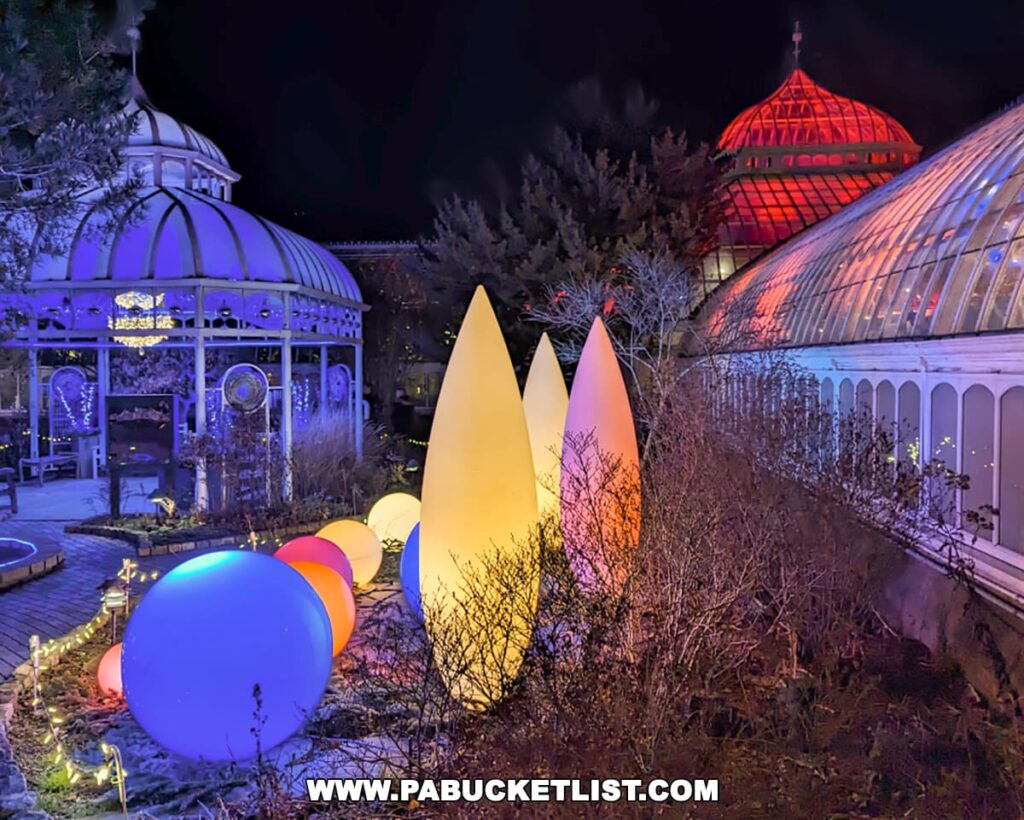 An enchanting evening view at the Phipps Conservatory with oversized, tulip-shaped light installations in a gradient of colors leading up to the conservatory's glowing red dome, complemented by a gazebo and the glasshouse structure, all beautifully illuminated against the night sky during the Holiday Magic Winter Flower Show and Light Garden.