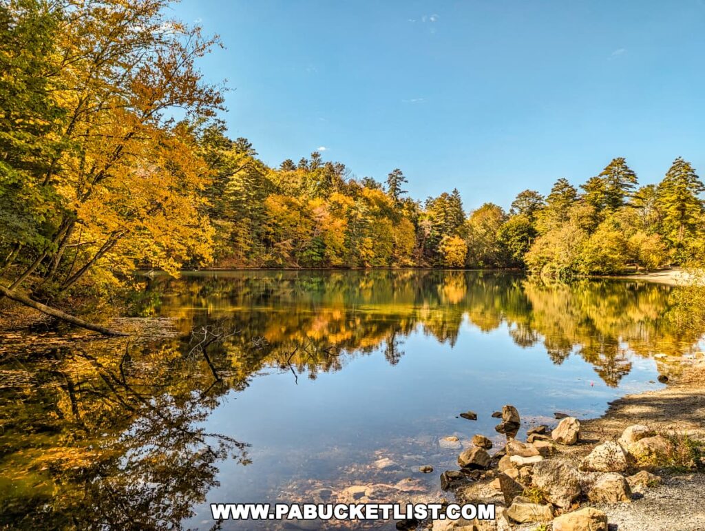 A calm and clear day at Fuller Lake in Pine Grove Furnace State Park, Cumberland County, PA, with vibrant fall foliage reflecting on the glass-like surface of the lake. Trees with yellow and orange leaves edge the water, and a clear blue sky with a few clouds is above. The rocky lakeshore in the foreground adds texture to the peaceful scene.