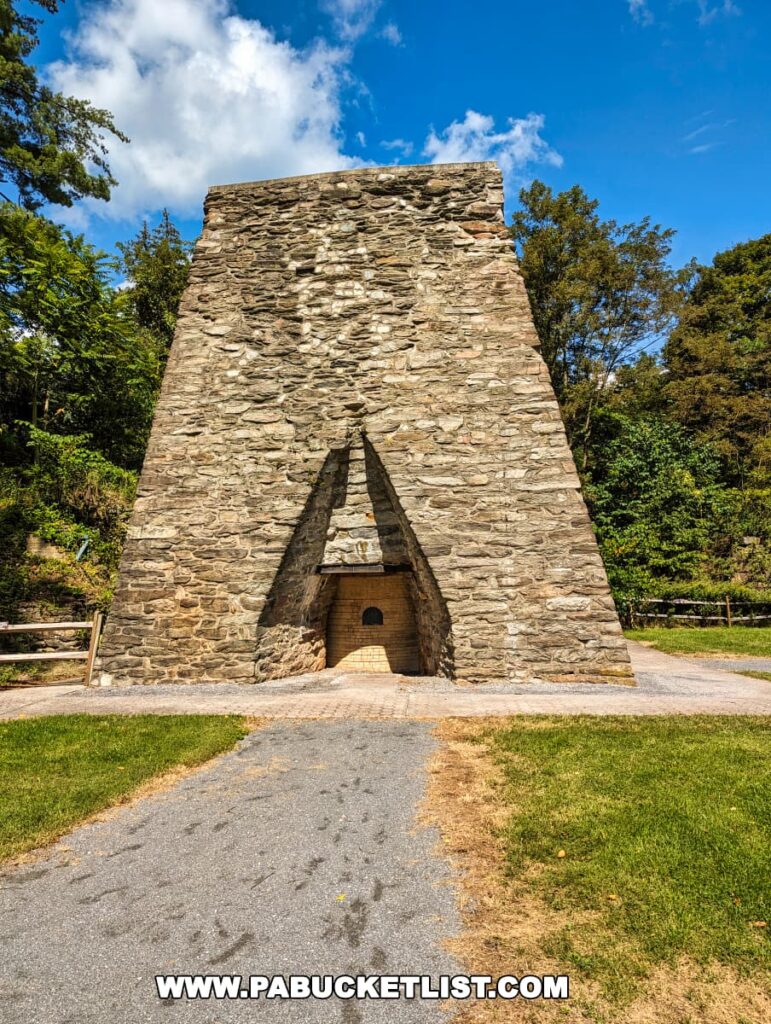 A towering stone iron furnace stack at Pine Grove Furnace State Park in Cumberland County, PA, set against a blue sky with fluffy clouds. The historic structure, featuring a large archway entrance, is a remnant of the park's industrial heritage. A gravel path leads up to the furnace, bordered by green grass and lush trees.
