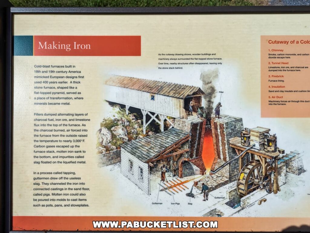 An informational signage on the process of making iron at Pine Grove Furnace State Park in Cumberland County, PA, with an illustrated cutaway view of a colonial iron furnace. The diagram details various components such as the chimney, tunnel head, firebrick, insulation, air duct, and the tapping process. Accompanying text explains the historical iron-making technique, mentioning how fillers dumped charcoal, iron ore, and limestone into the furnace and the high temperatures involved in the process.