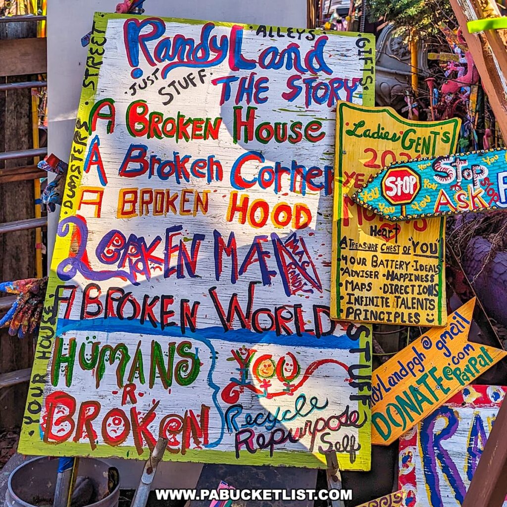 Hand-painted signs with motivational quotes and colorful artwork at Randyland in Pittsburgh, promoting recycling, repurposing, and self-repair.