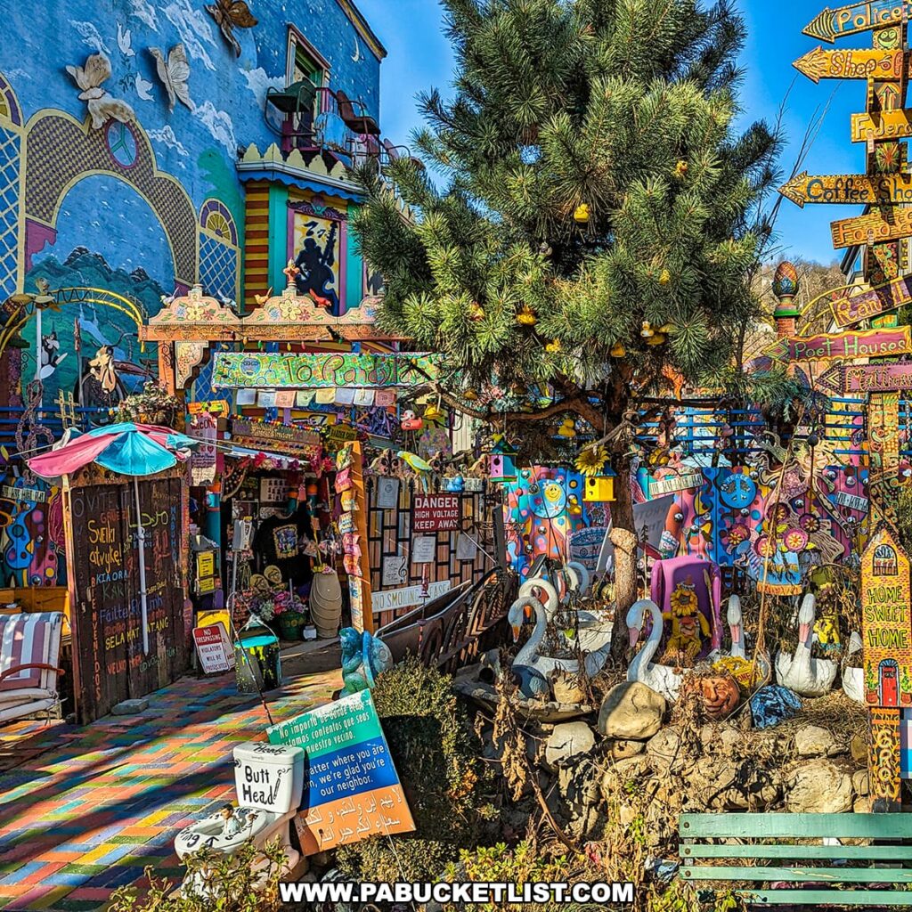 Vibrant and eclectic outdoor space at Randyland in Pittsburgh, filled with colorful murals, whimsical sculptures, and playful art installations.
