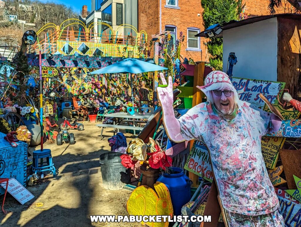 Colorful and playful setting at Randyland in Pittsburgh, featuring a life-size cardboard cutout of Randy, the artist, surrounded by a vibrant and artistic courtyard.