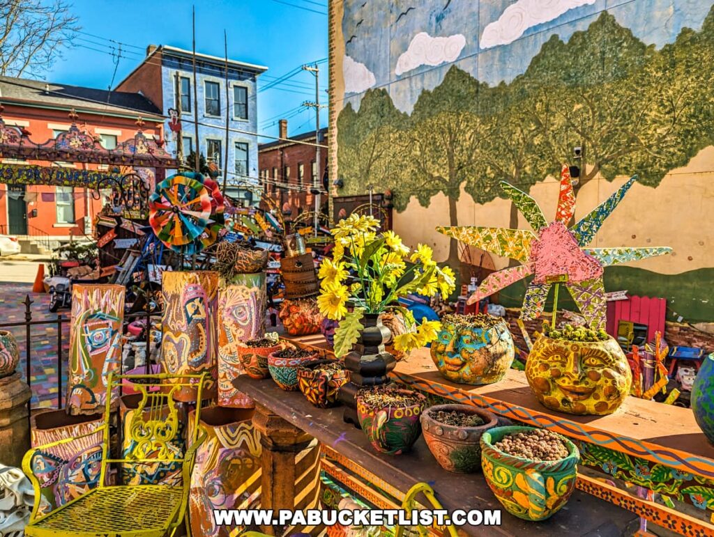 Vibrant outdoor art display at Randyland in Pittsburgh with colorful pottery, whimsical windmills, and a mural with blue skies and fluffy clouds.