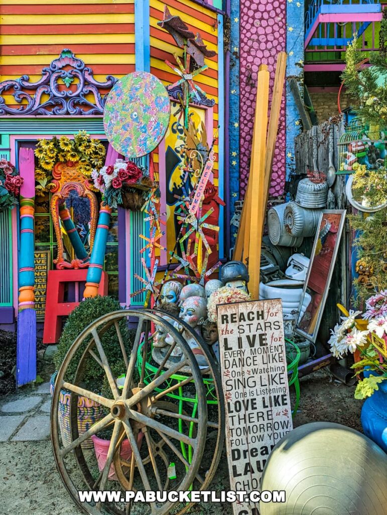 Artistic entrance of Randyland in Pittsburgh featuring a mosaic of colorful doors, inspirational signage, and assorted playful sculptures.