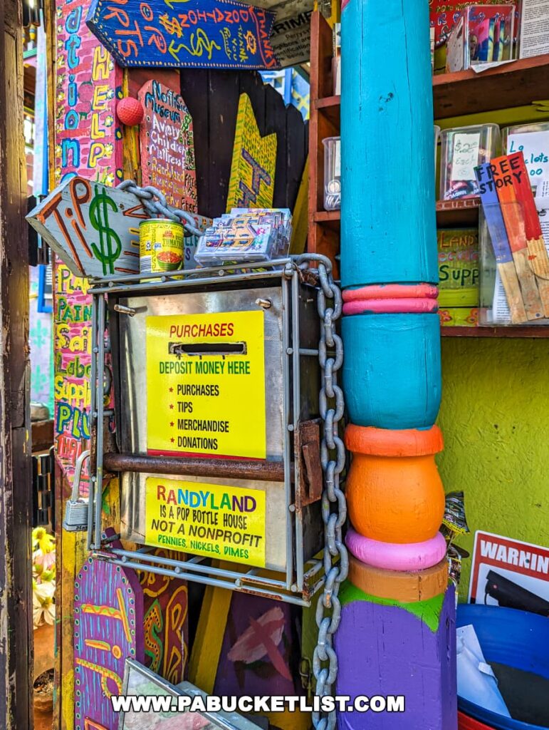 Vividly painted donation and purchase box at Randyland in Pittsburgh, surrounded by colorful art and creative signage.