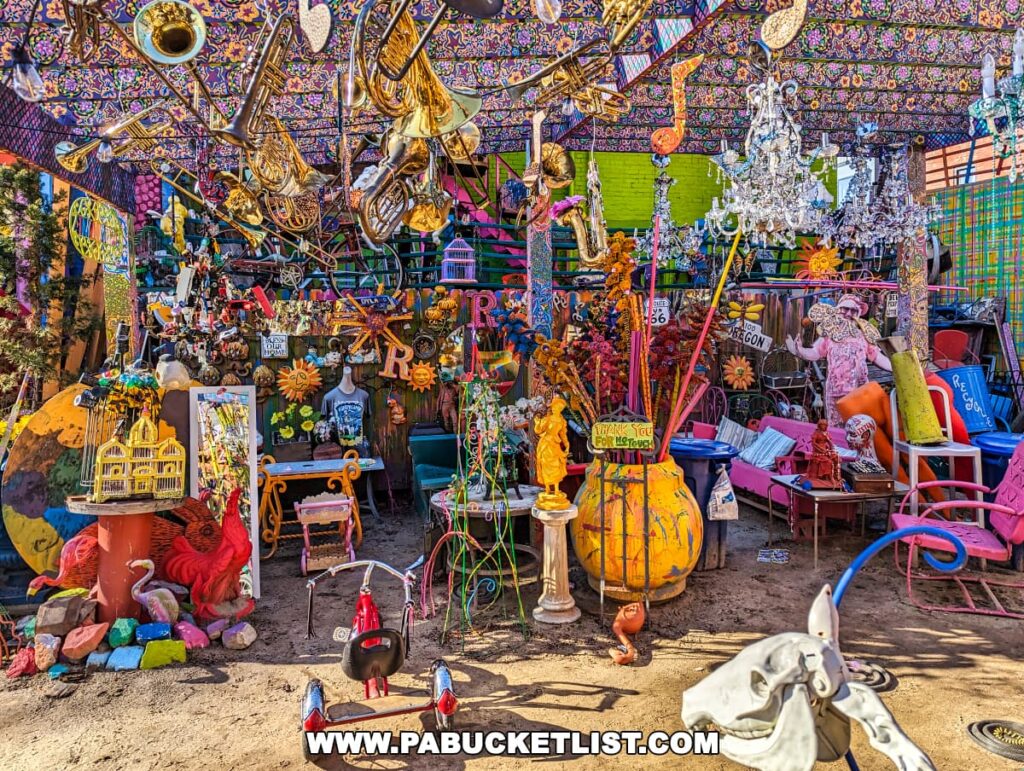 An explosion of color at Randyland in Pittsburgh with an array of musical instruments hanging overhead, eclectic sculptures, and vibrant murals.