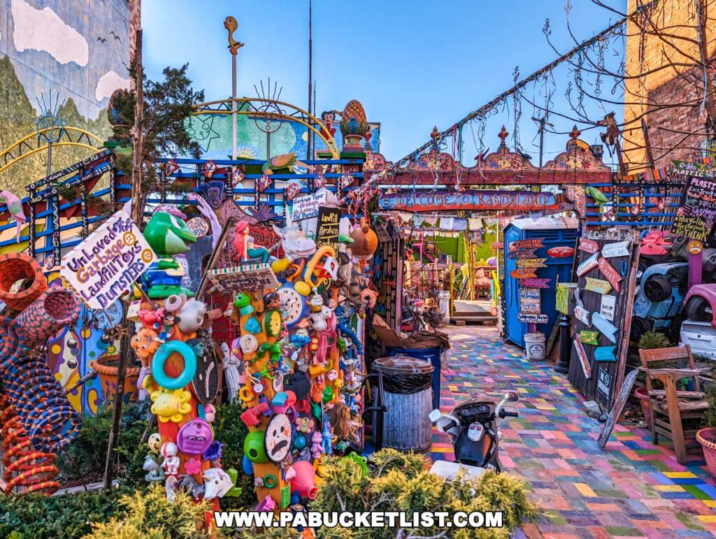 Whimsical entrance to Randyland on Jacksonia Street, Pittsburgh, adorned with colorful toys, signs, and recycled art installations.